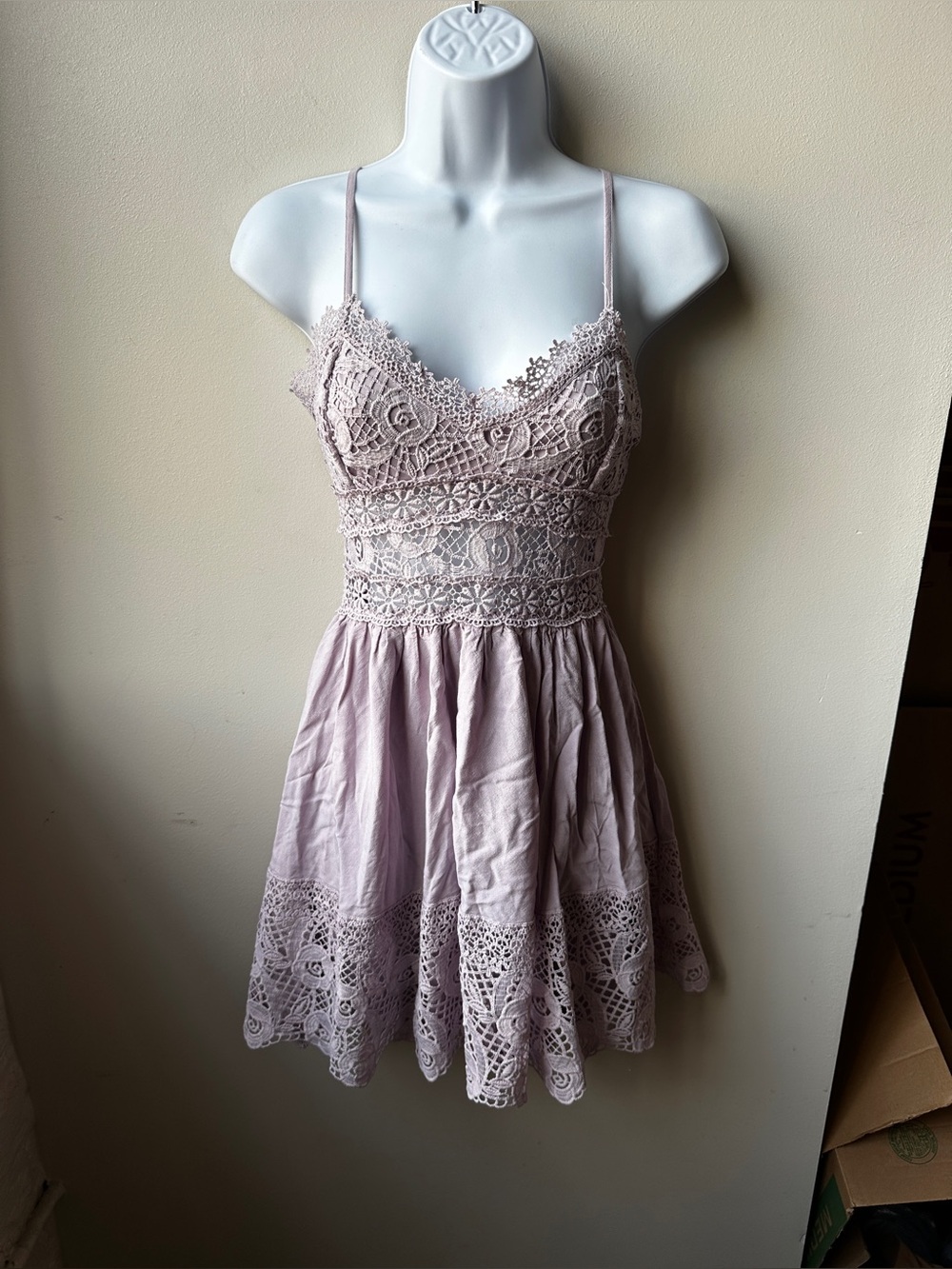 rue21 Mauve Lavender Crochet Lace Babydoll Mini Dress XS Boho Romantic Summer